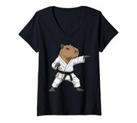 Women's Funny Capybara Doing Karate Samurai Ninja Capybara V-Neck T-Shirt