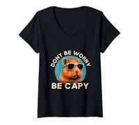 Women's Funny Capybara Dont Worry Be Capy Cute for Animal Lover V-Neck T-Shirt