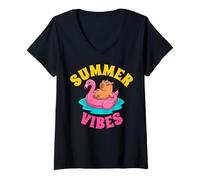 Women's Funny Capybara Flamingo Float Summer Vibes Relaxing V-Neck T-Shirt
