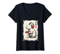 Women's Funny Capybara Gamer Headphones Controller Video Game Art V-Neck T-Shirt
