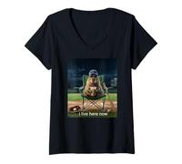 Women's Funny Capybara Iced Coffee I Live Here Now Baseball Mom V-Neck T-Shirt