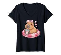 Womens Funny Capybara on Pool Float Drinking Boba Bubble Tea V-Neck T-Shirt