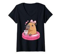 Womens Funny Capybara on Pool Float Drinking Boba Bubble Tea V-Neck T-Shirt