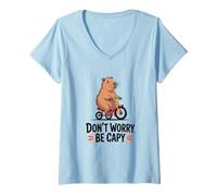 Womens Funny Capybara Riding a Tricycle Dont Worry Be Capy V-Neck T-Shirt