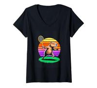 Women's Funny Capybara Tennis Player Retro Sunset V-Neck T-Shirt