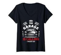Womens Funny Car Mechanic Automotive Workshop The Garage Is Calling V-Neck T-Shirt