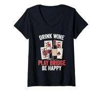 Womens Funny Card Games Design Drink Wine Play Bridge Be Happy V-Neck T-Shirt