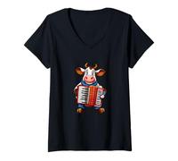 Womens Funny Cartoon Cow Playing Accordion in Colorful Outfit V-Neck T-Shirt