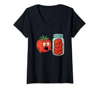 Womens Funny Cartoon Tomato Shocked by Sliced Jar of Tomatoes V-Neck T-Shirt