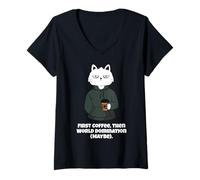 Womens Funny Cat and Coffee First Coffee then World Domination Men V-Neck T-Shirt