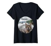 Womens Funny Cat and Loch Ness Monster Selfie V-Neck T-Shirt