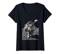 Women's Funny Cat Astronaut Moon Landing Victory Selfie with Earth V-Neck T-Shirt