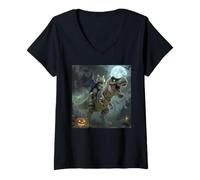 Womens Funny Cat Bat Riding a T-Rex Cute Halloween Meme V-Neck T-Shirt
