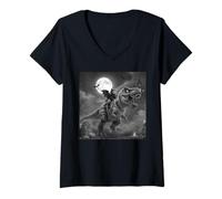 Womens Funny Cat Bat Riding a T-Rex Cute Halloween Meme V-Neck T-Shirt
