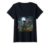 Womens Funny Cat Bat Riding a T-Rex Cute Halloween Meme V-Neck T-Shirt