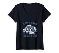 Women's Funny Cat Camping Home is Where The Cats are V-Neck T-Shirt