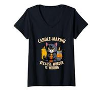 Womens Funny Cat Candle Maker Wax Light Because Murder Is Wrong V-Neck T-Shirt