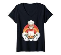 Women's Funny Cat Chef Cooking Frying Pan Kitchen Culinary Art V-Neck T-Shirt