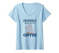 Women's Funny Cat Coffee Lover Probably On My Way to Get Coffee V-Neck T-Shirt
