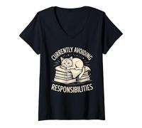 Women's Funny Cat Currently Avoiding Responsibilities Mood V-Neck T-Shirt