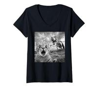 Womens Funny Cat Dinosaur Selfie Meme | Shocked Cat Vs T Rex V-Neck T-Shirt