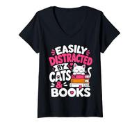 Women's Funny Cat Easily Distracted Books Reading Mom Book Lover V-Neck T-Shirt