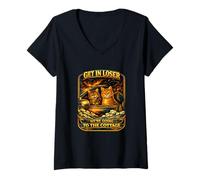 Women's Funny Cat Get in Loser We're Going to The Cottage Meme V-Neck T-Shirt