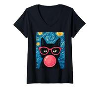 Womens Funny Cat Glasses Bubblegum The Starry Night Cats Lover Cute V-Neck T-Shirt