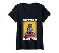 Womens Funny Cat Greatness Takes Time Litter Box Cat V-Neck T-Shirt