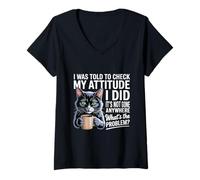 Womens Funny Cat I was Told to Check My Attitude | Cat Humor V-Neck T-Shirt