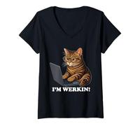 Womens Funny Cat I'm Werkin Working from Home Cat On Laptop Meme V-Neck T-Shirt