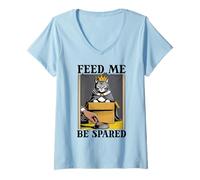 Womens Funny Cat In Box Feed Me Be Spared Cat V-Neck T-Shirt