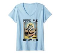 Womens Funny Cat In Box Feed Me Be Spared Cat V-Neck T-Shirt