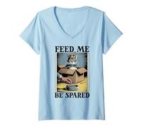 Womens Funny Cat In Box Feed Me Be Spared Cat V-Neck T-Shirt