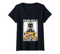 Womens Funny Cat in Box Paws Rule Hands Obey Cat Lover Cat V-Neck T-Shirt