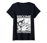 Womens Funny Cat Meme Biting Hand Become Ungovernable Cat Rage V-Neck T-Shirt