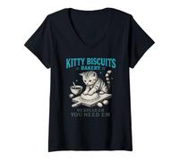 Womens Funny Cat Meme Kitty Biscuits Bakery Vintage Art V-Neck T-Shirt