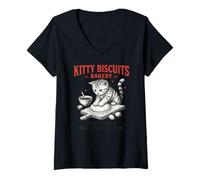 Womens Funny Cat Meme Kitty Biscuits Bakery Vintage Art V-Neck T-Shirt