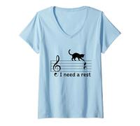 Women's Funny Cat Music Teacher Pun I Need A Rest Treble Clef V-Neck T-Shirt