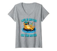 Womens Funny Cat on River tube - Cat chillin and River Tubing V-Neck T-Shirt