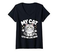 Womens Funny Cat Owner Lets Me Live Here Cute Pet Lover Quote V-Neck T-Shirt