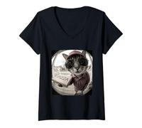 Women's Funny Cat Pizza Delivery Driver Cool Kitty V-Neck T-Shirt