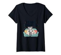 Women's Funny Cat Plans Canceled Tea Cozy Kitty Sleeping V-Neck T-Shirt