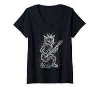 Womens Funny Cat Playing Guitar Abstract Scribble Punk Rock Vintage V-Neck T-Shirt