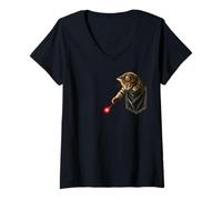 Women's Funny Cat Playing with A Laser Dot Cat in Pocket V-Neck T-Shirt