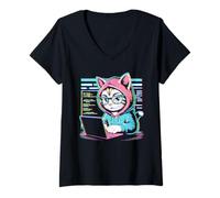 Women's Funny Cat Programmer Coding Laptop Hacker Aesthetic V-Neck T-Shirt