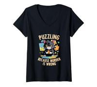 Womens Funny Cat Puzzle Solver Puzzling Because Murder Is Wrong V-Neck T-Shirt