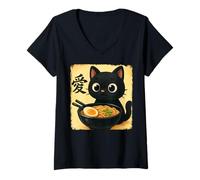Womens Funny Cat Ramen Graphic Japanese Kawaii Manga Anime V-Neck T-Shirt