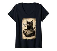 Womens Funny Cat Ramen Graphic Japanese Kawaii Manga Anime V-Neck T-Shirt