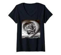 Womens Funny Cat Riding a Shark in Tornado Meme V-Neck T-Shirt